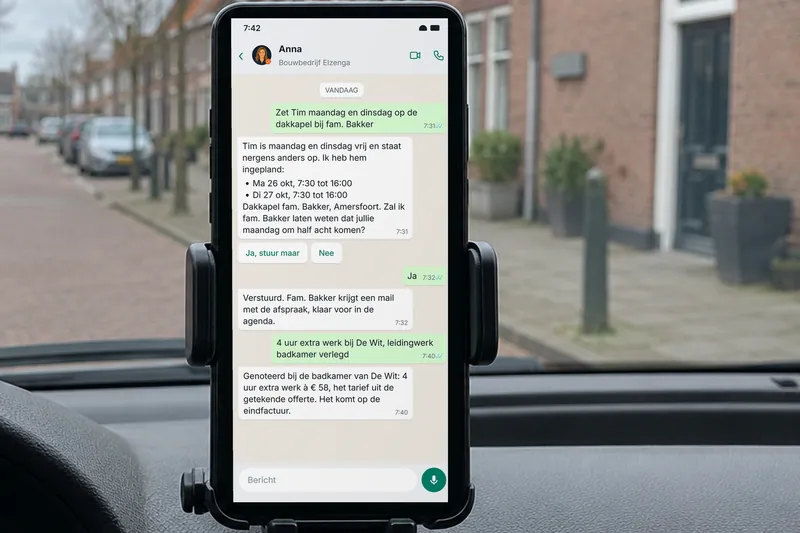 Telefoon op het dashboard van een bus met een WhatsApp-gesprek met Anna