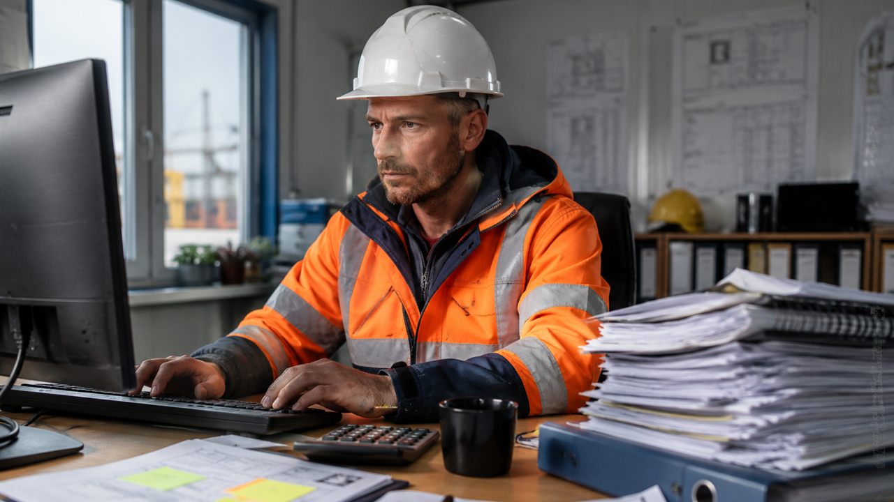 Aannemer met veiligheidshelm achter de computer, met een grote stapel papierwerk op het bureau