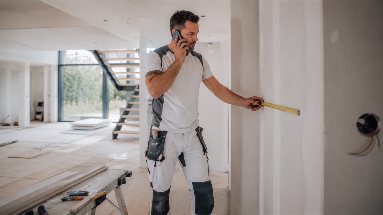 Afbouwspecialist met rolmaat in een woning in afbouw