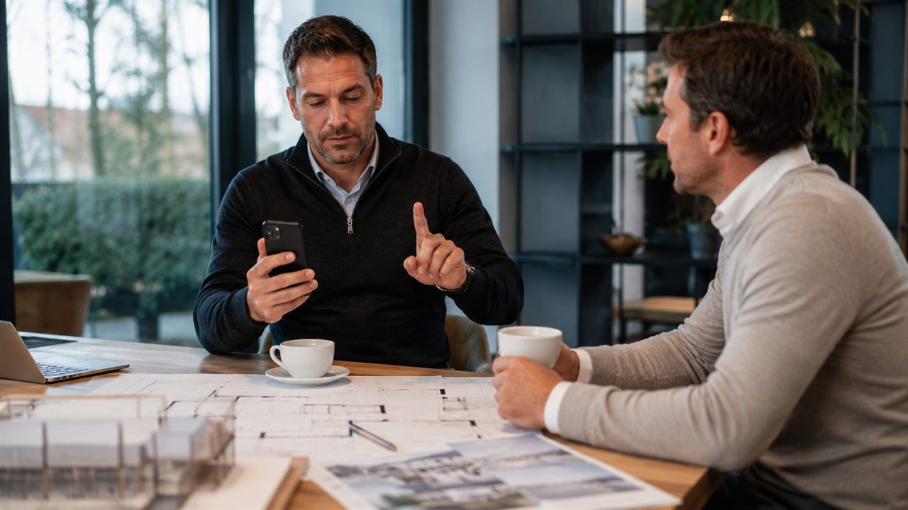 Bouwbedrijf in overleg met een klant aan tafel, met koffie en bouwtekeningen