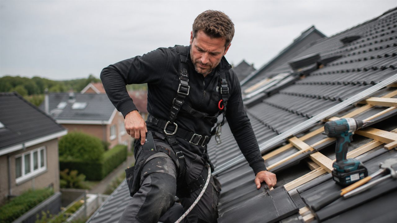 Dakdekker legt dakpannen op een dak