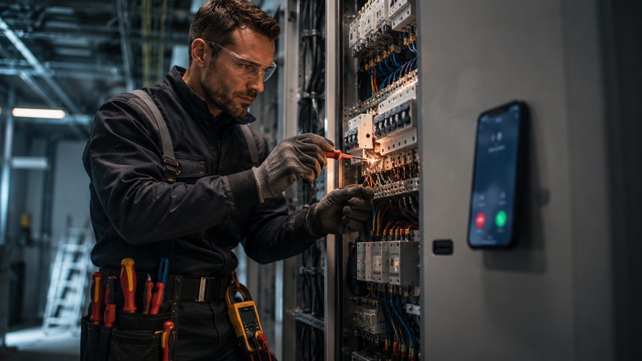Elektromonteur werkt aan een meterkast