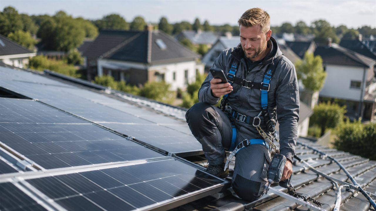 Installateur monteert zonnepanelen op een dak